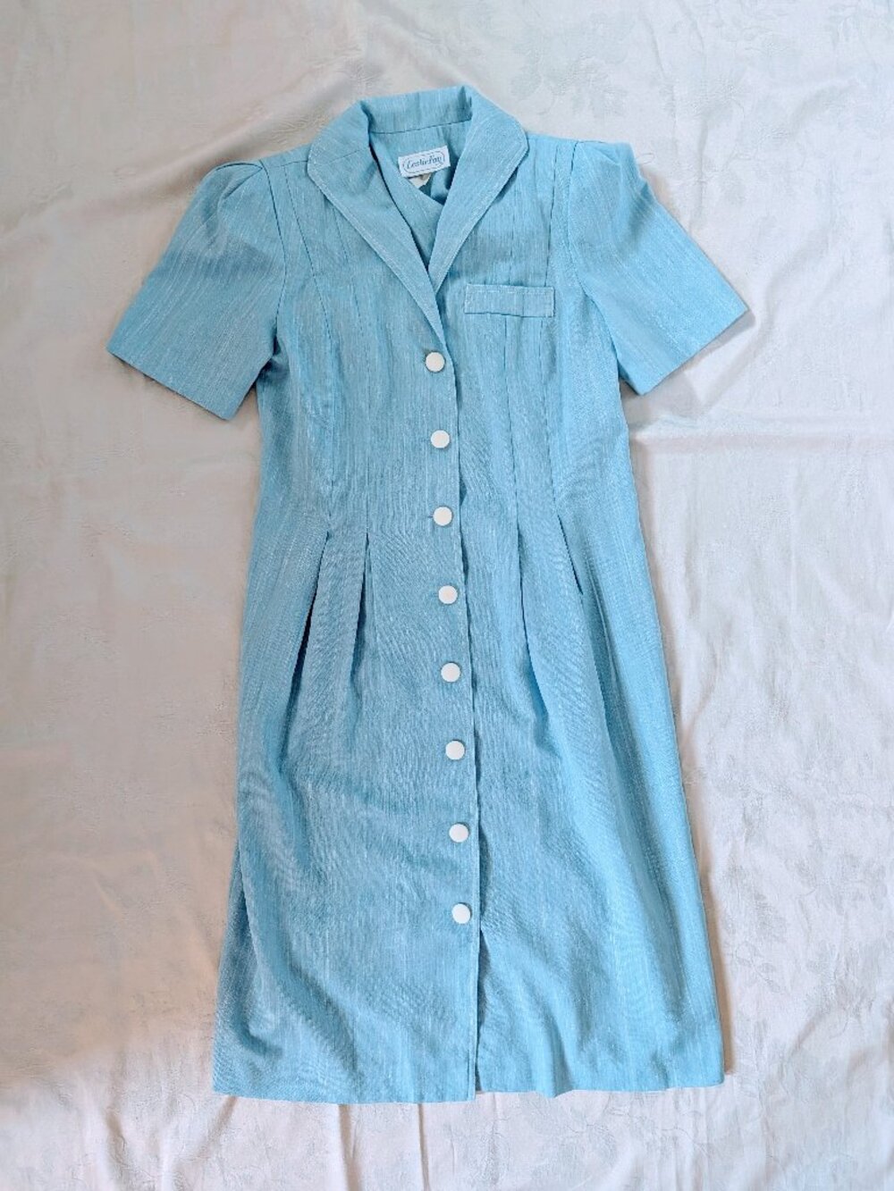 VTG Leslie Fay Chambray Secretary Midi Dress Sz 10 Blue USA Teacher Short Sleeve